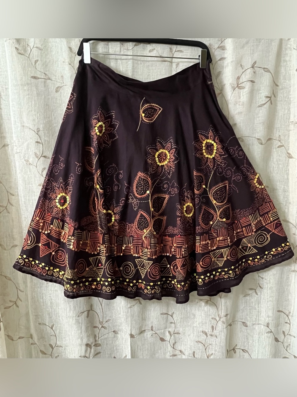 Ing Com Brown A-Line Skirt with Warm Floral & Geometric Print Size L/M